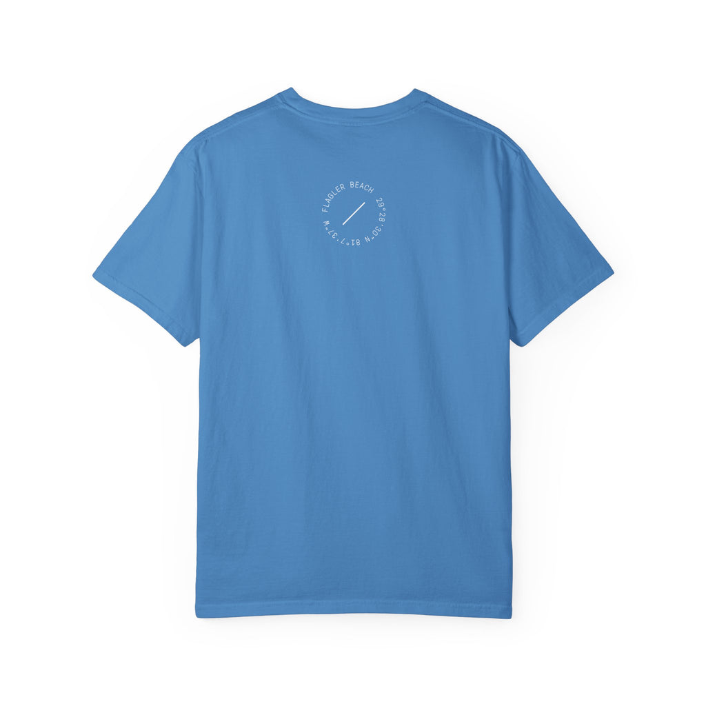 Blue t-shirt with a logo on the back against a white background