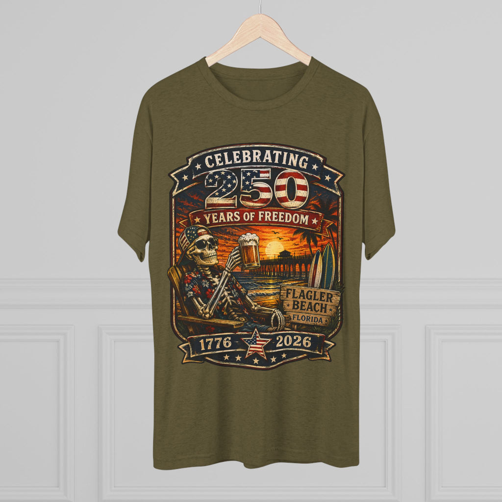Flagler Beach 4th of July T-Shirt — America 250th Anniversary Skull & Surf Vintage Tee