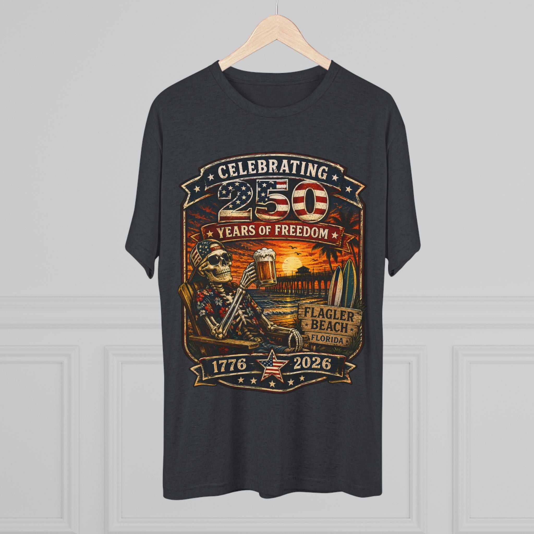 Flagler Beach 4th of July T-Shirt — America 250th Anniversary Skull & Surf Vintage Tee