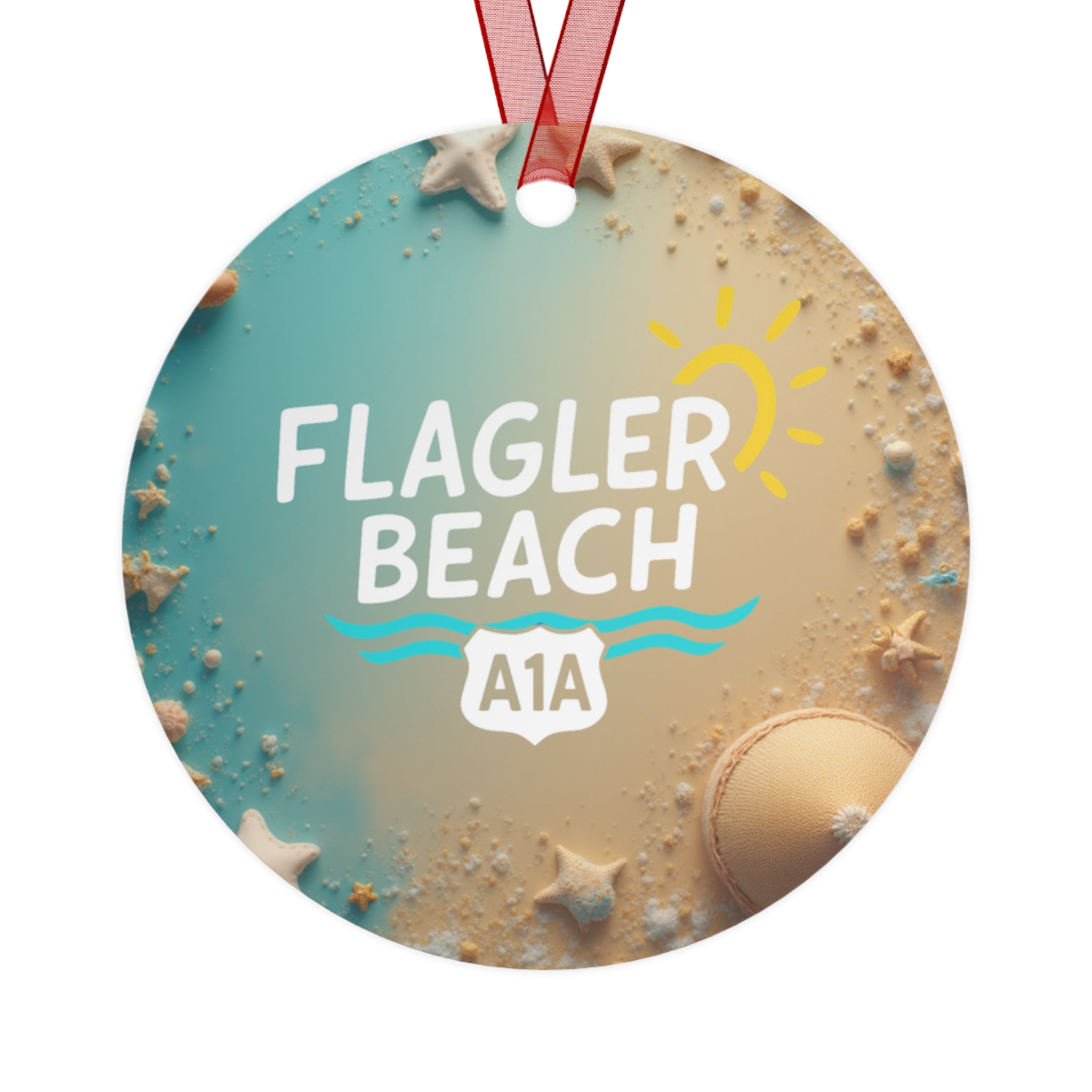 Flagler Beach A1A Metal Ornament — Beachy Sun & Seashell Holiday Decoration