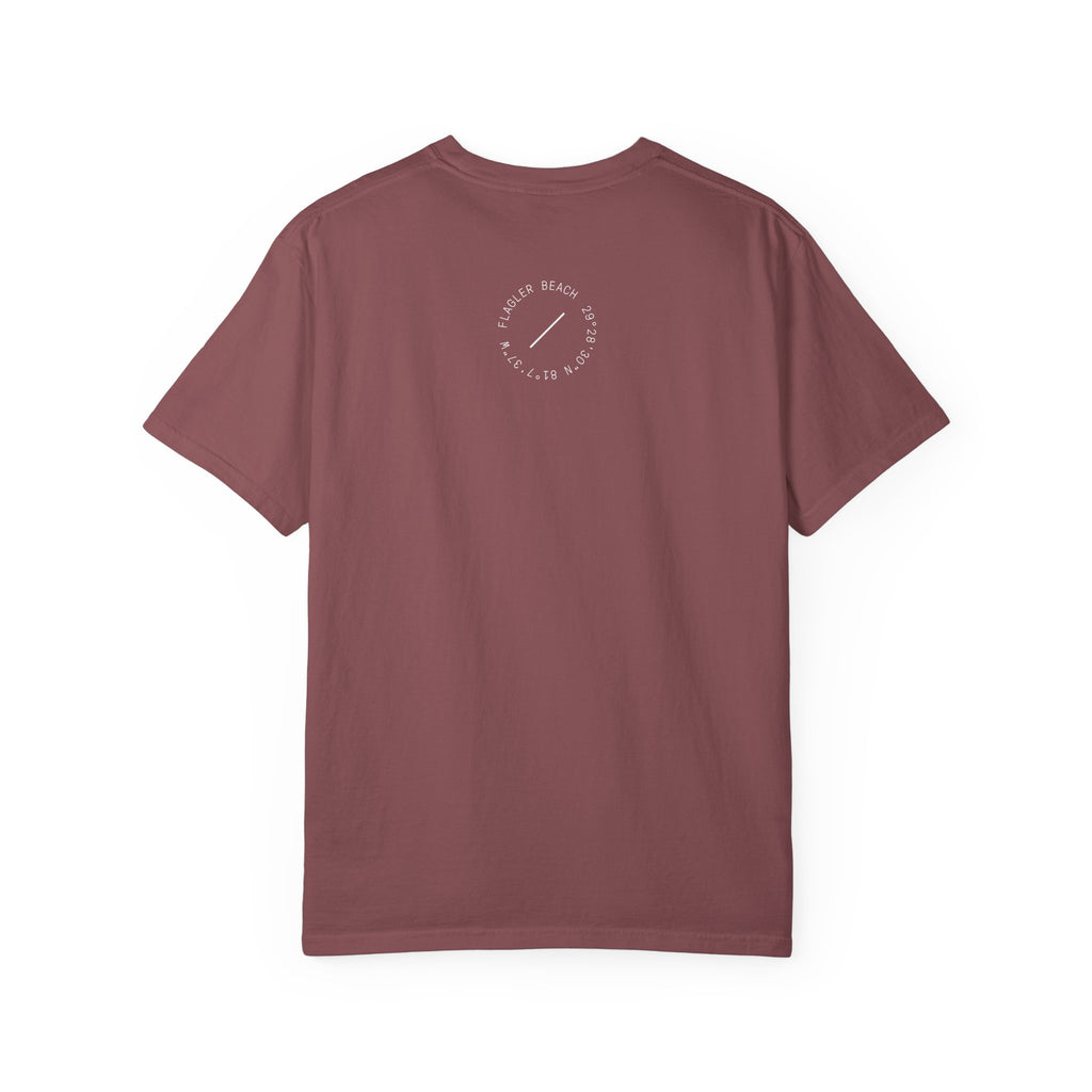 Maroon t-shirt with a small white logo on the back against a white background