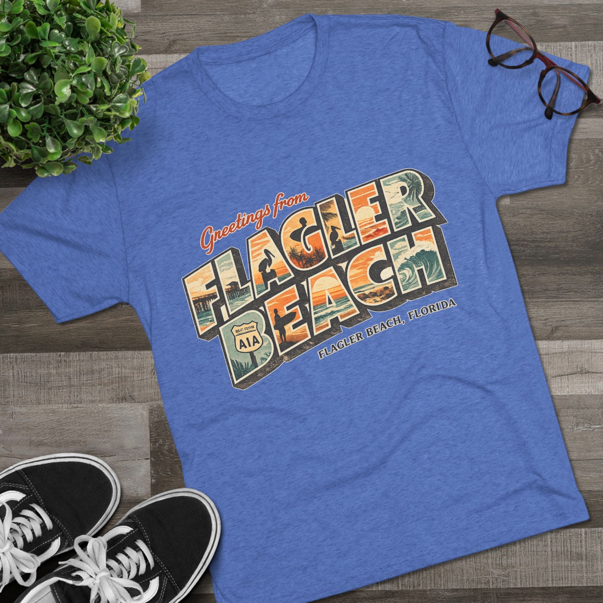Flagler Beach Retro Postcard Tee — "Greetings From Flagler Beach" Souvenir Shirt