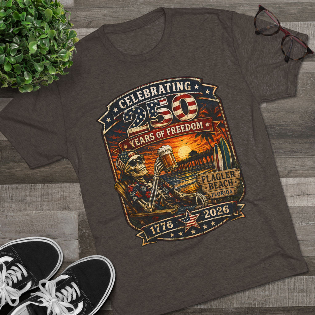Flagler Beach 4th of July T-Shirt — America 250th Anniversary Skull & Surf Vintage Tee