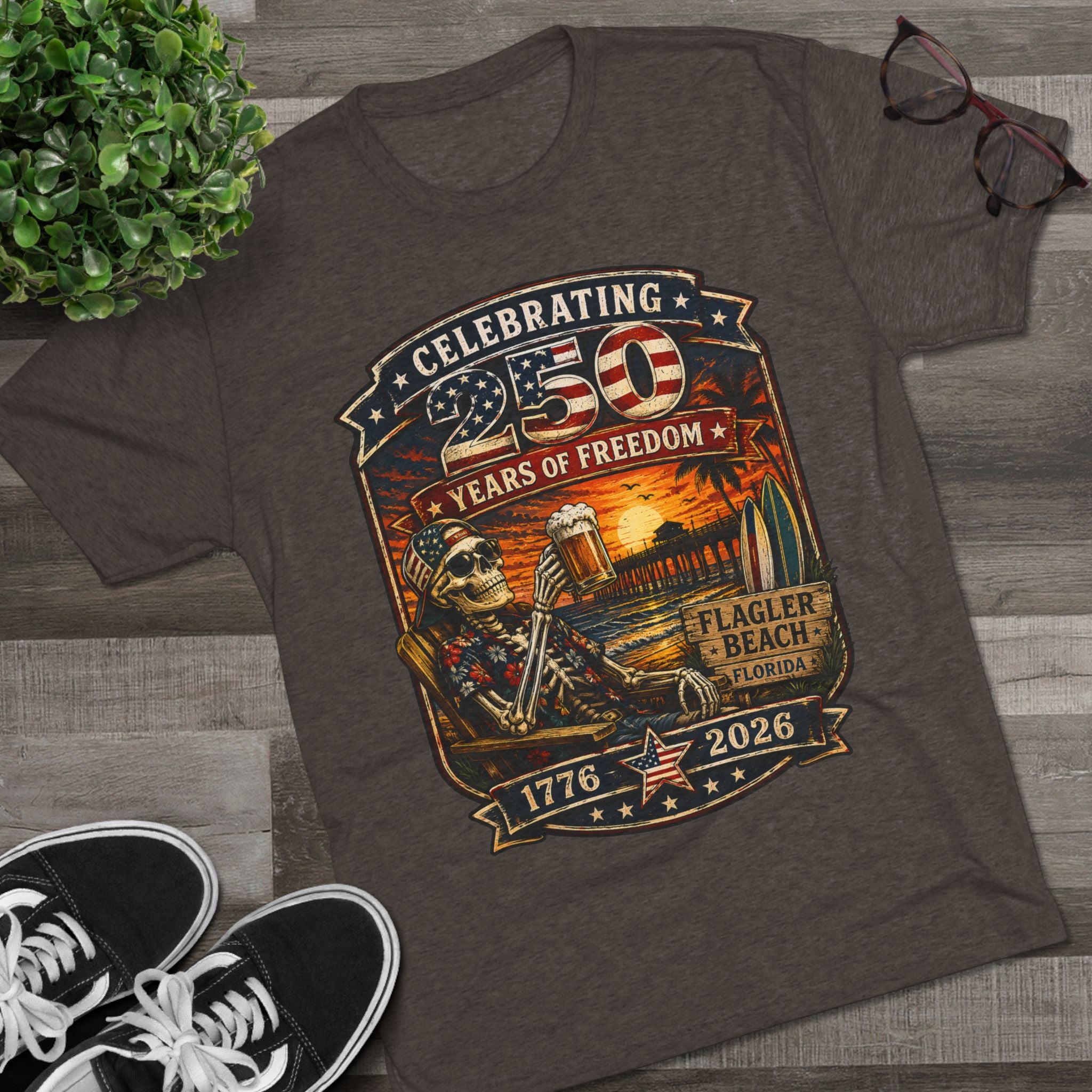Flagler Beach 4th of July T-Shirt — America 250th Anniversary Skull & Surf Vintage Tee