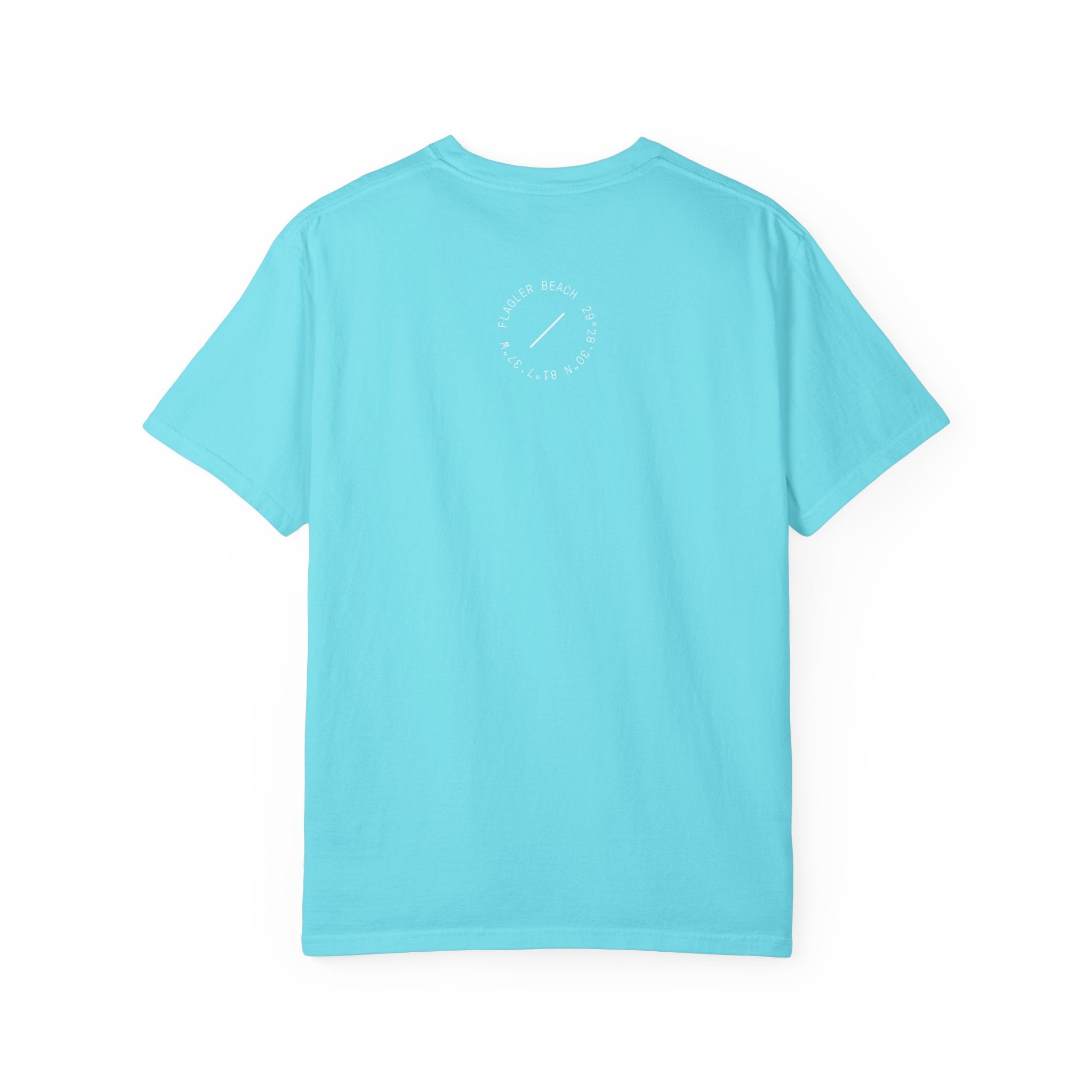 Light blue t-shirt with a logo on the back against a white background