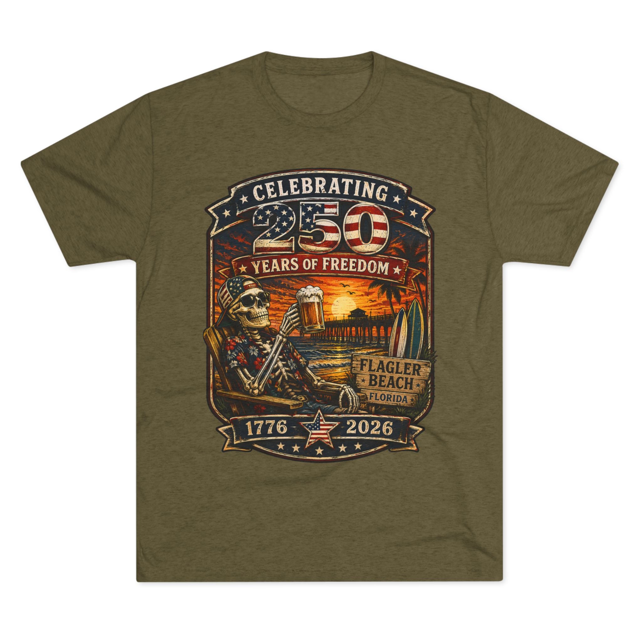 Flagler Beach 4th of July T-Shirt — America 250th Anniversary Skull & Surf Vintage Tee