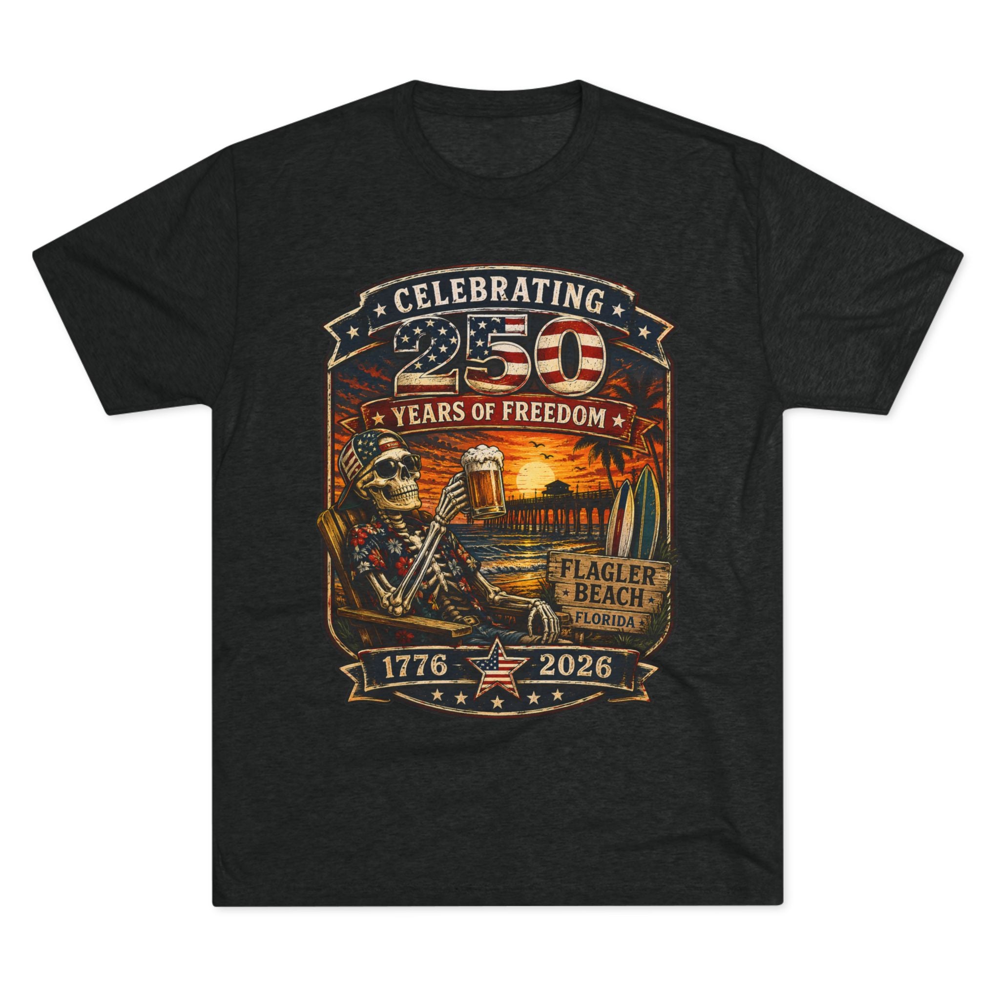 Flagler Beach 4th of July T-Shirt — America 250th Anniversary Skull & Surf Vintage Tee