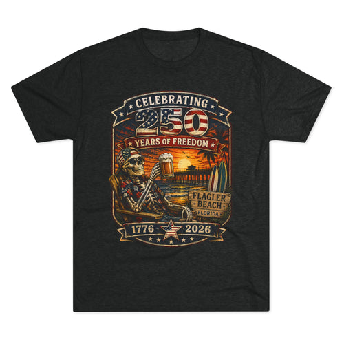 Flagler Beach 4th of July T-Shirt — America 250th Anniversary Skull & Surf Vintage Tee