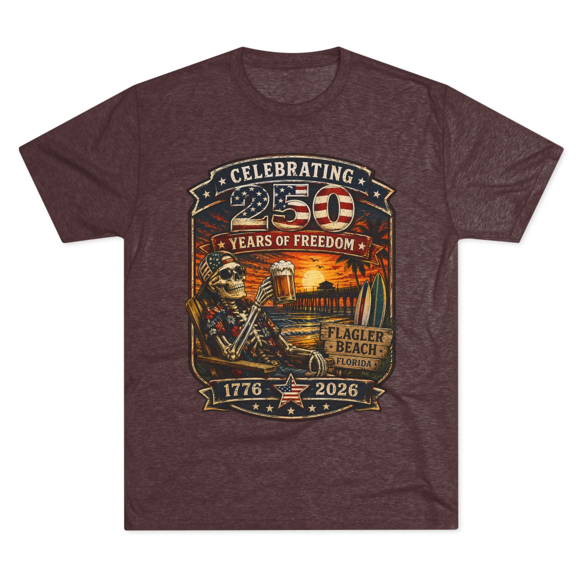 Flagler Beach 4th of July T-Shirt — America 250th Anniversary Skull & Surf Vintage Tee