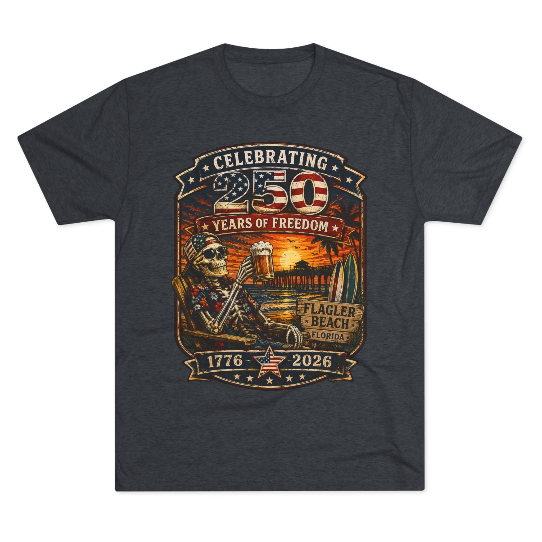 Flagler Beach 4th of July T-Shirt — America 250th Anniversary Skull & Surf Vintage Tee