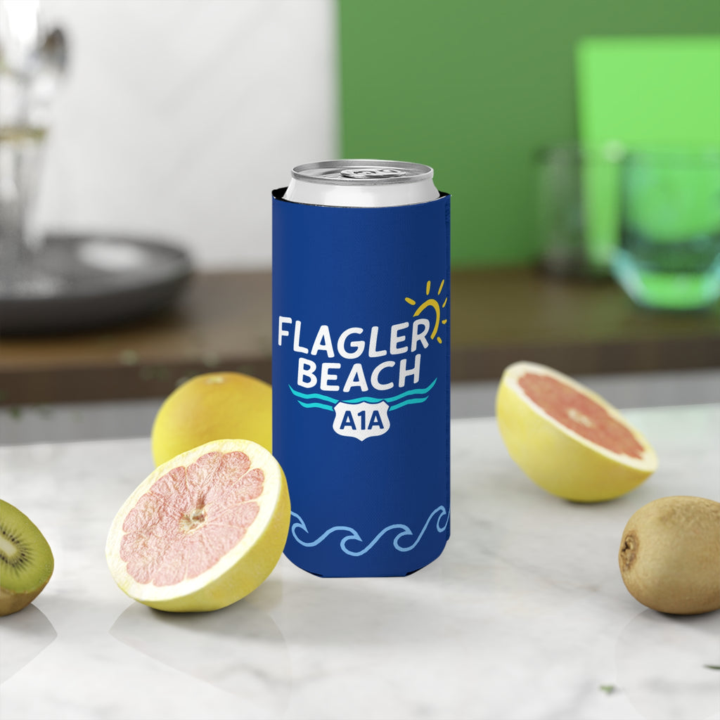 Flagler Beach Slim Can Cooler — Tall Seltzer Coozie for Beach & Pool Days