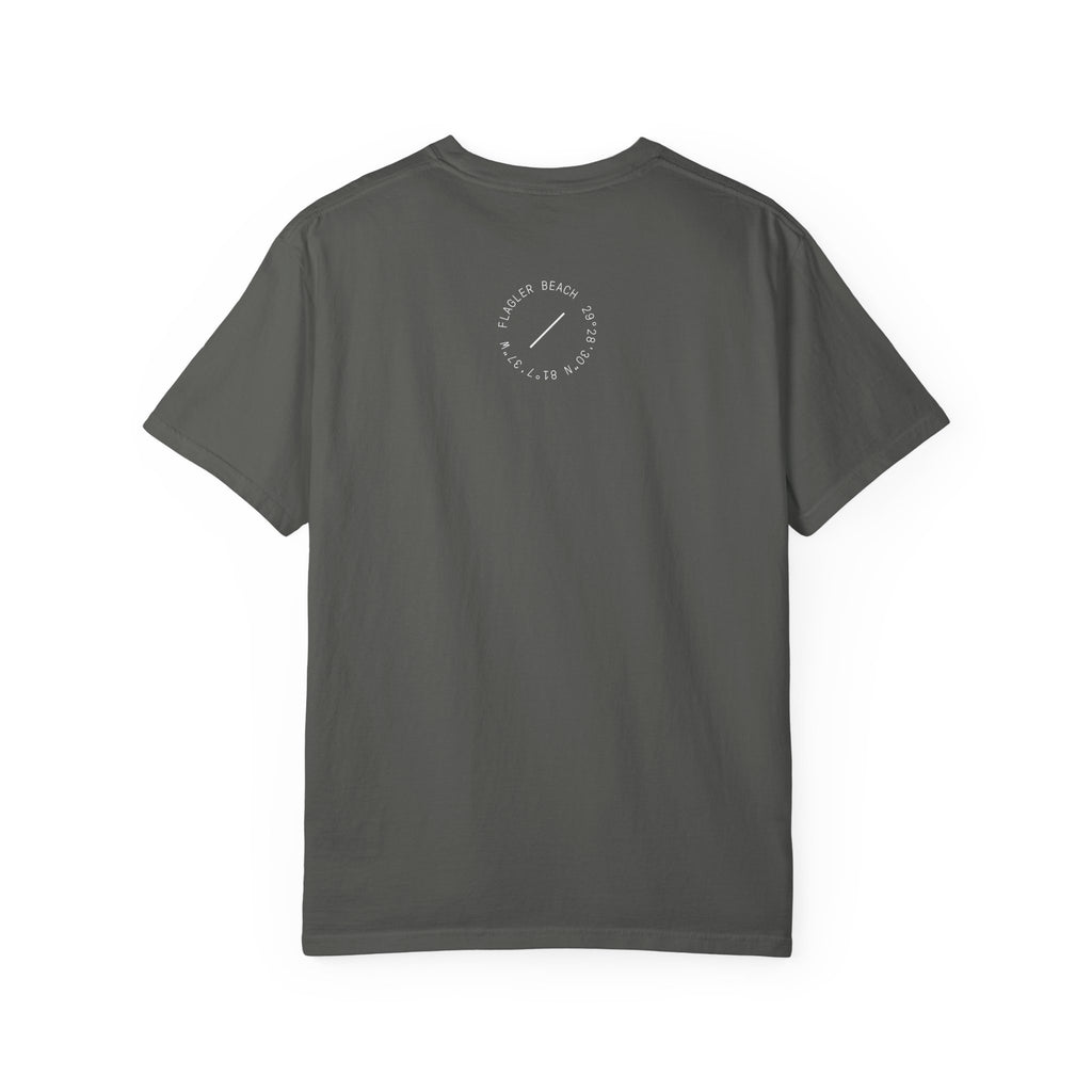 Dark gray t-shirt with a logo on the back against a white background