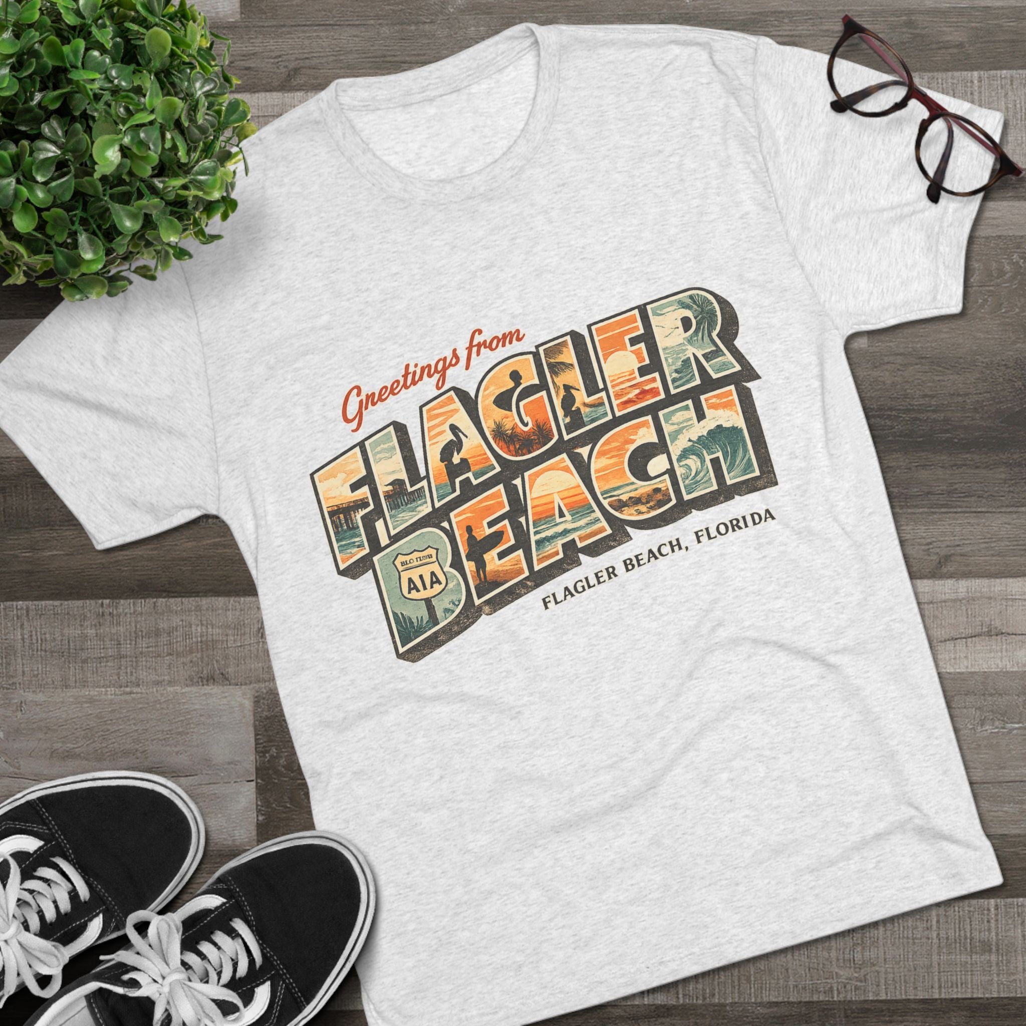 Flagler Beach Retro Postcard Tee — "Greetings From Flagler Beach" Souvenir Shirt
