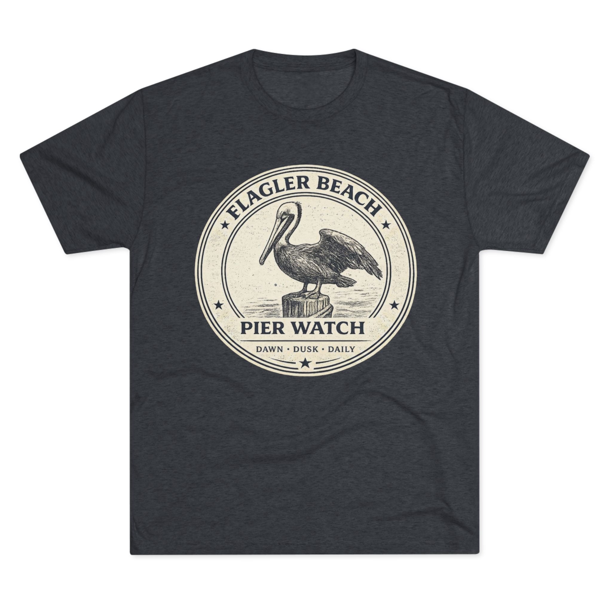 Dark gray t-shirt with a pelican graphic and 'Flagler Beach Pier Watch' text on a white background
