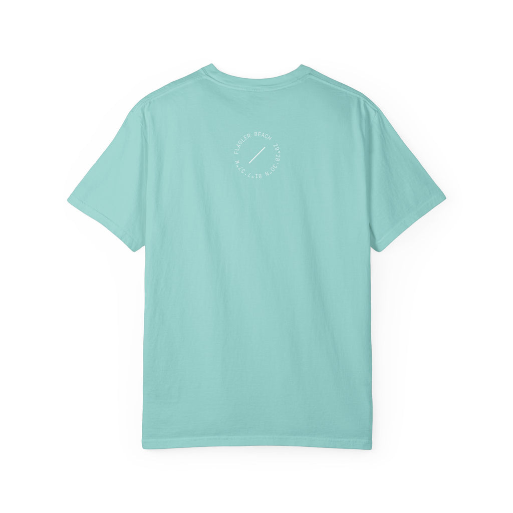 Light blue t-shirt with a logo on the back against a white background