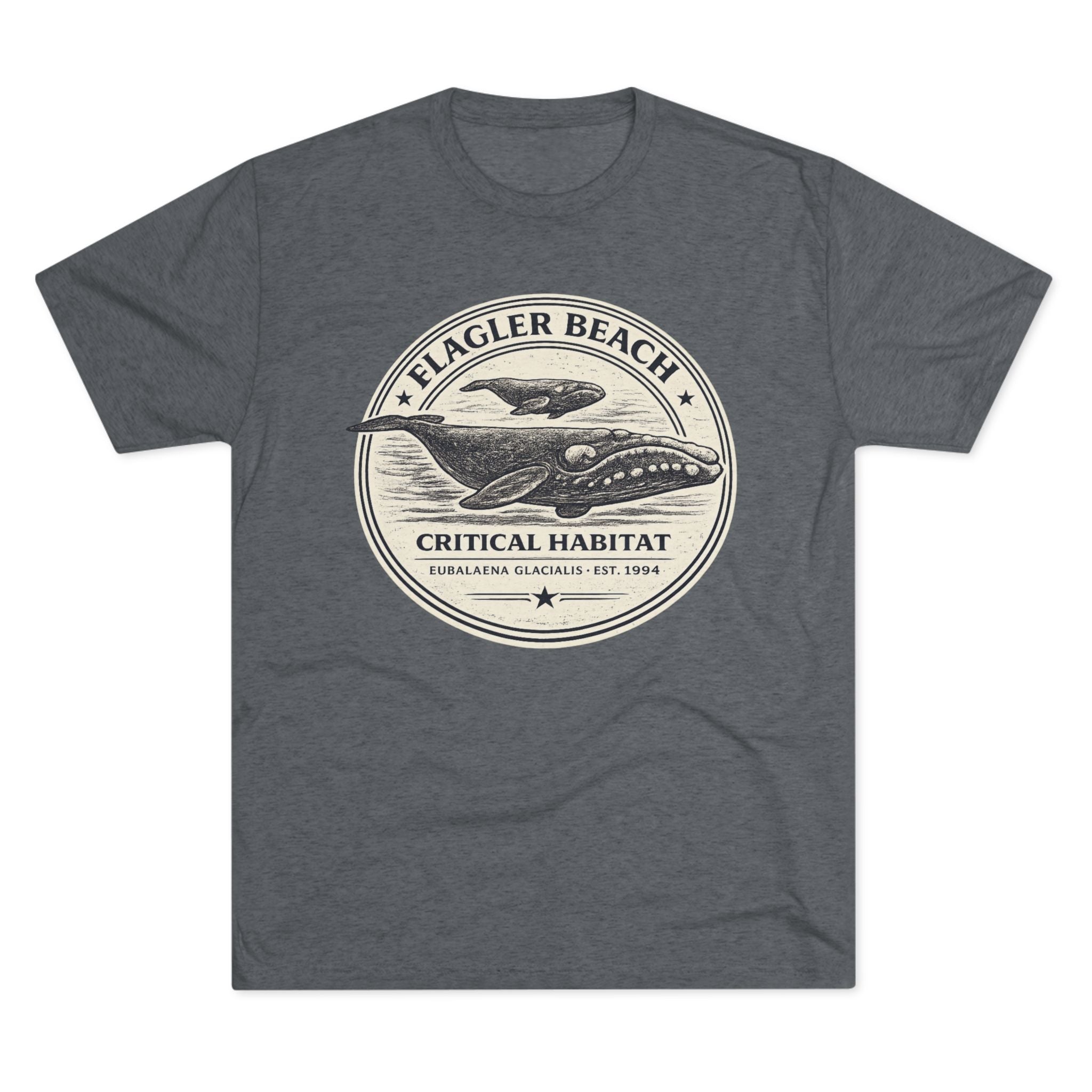 Gray t-shirt with a whale graphic and 'Flagler Beach Critical Habitat' text on a white background