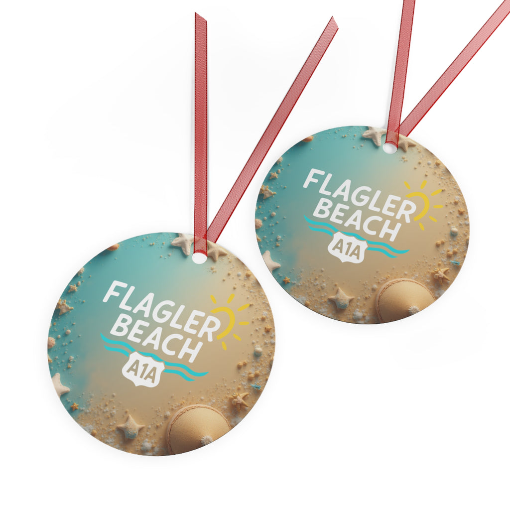 Flagler Beach A1A Metal Ornament — Beachy Sun & Seashell Holiday Decoration