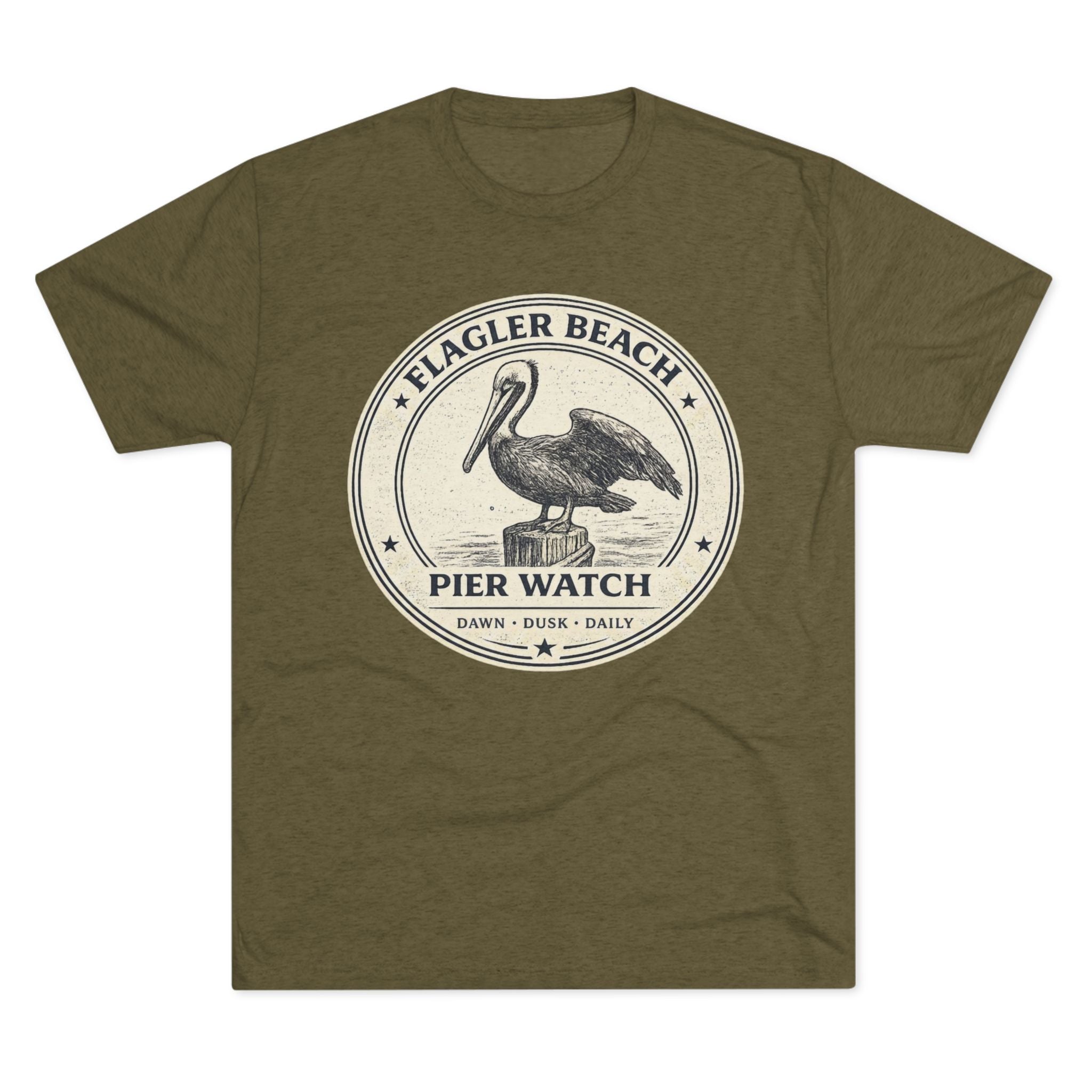Gray t-shirt with a pelican graphic and 'Flagler Beach Pier Watch' text on a white background