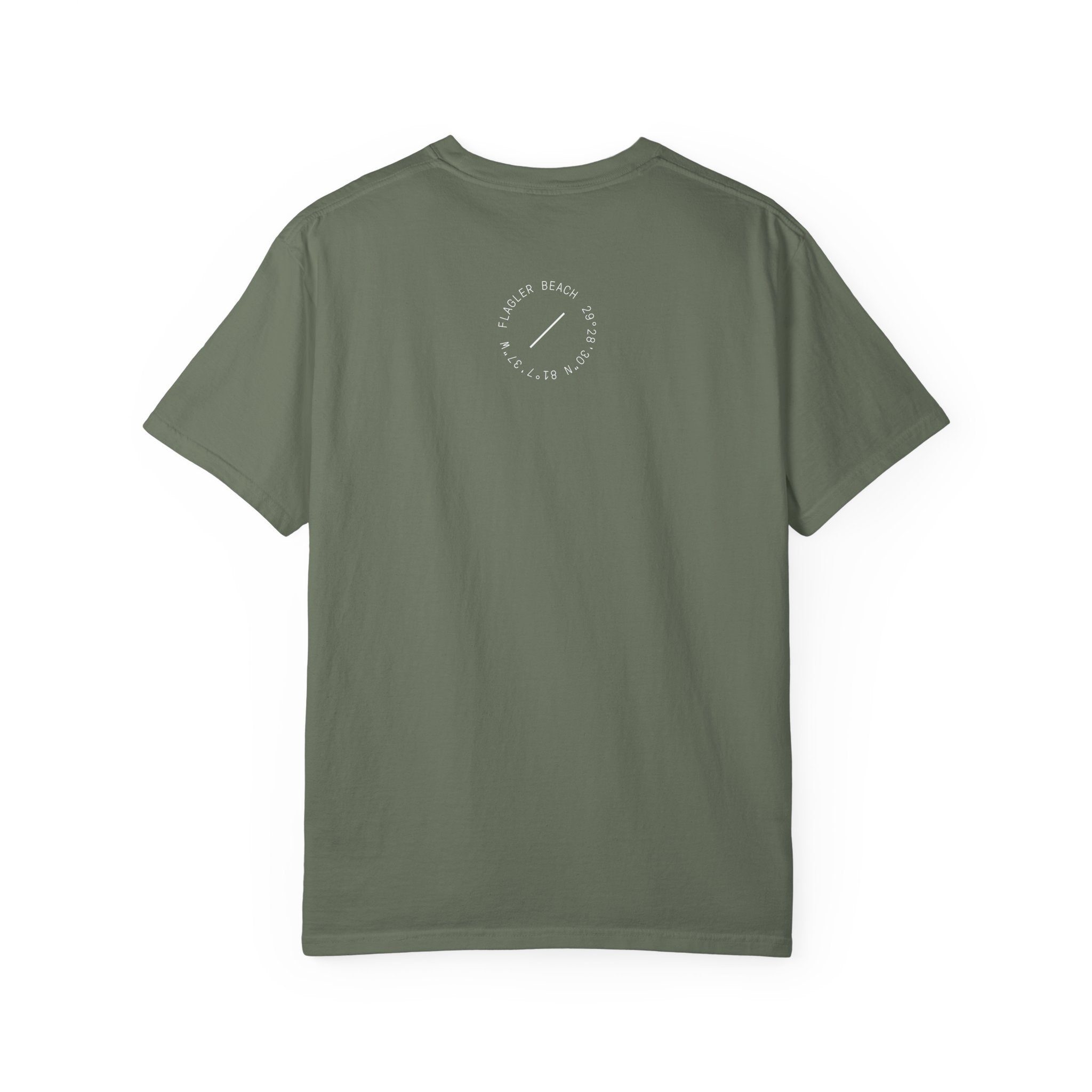 Green t-shirt with a logo on the back against a white background