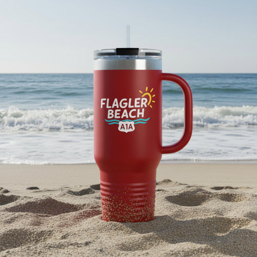 Red travel mug with 'Flagler Beach A1A' text on a white background