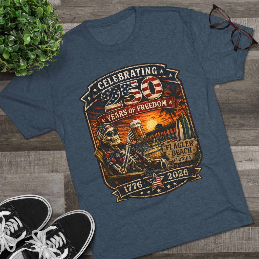 Flagler Beach 4th of July T-Shirt — America 250th Anniversary Skull & Surf Vintage Tee
