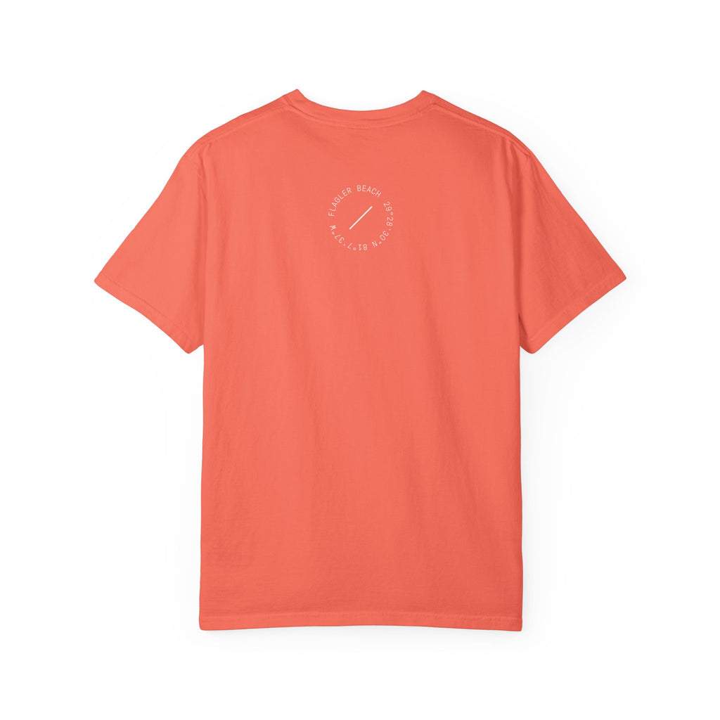 Coral t-shirt with a small logo on the back against a white background