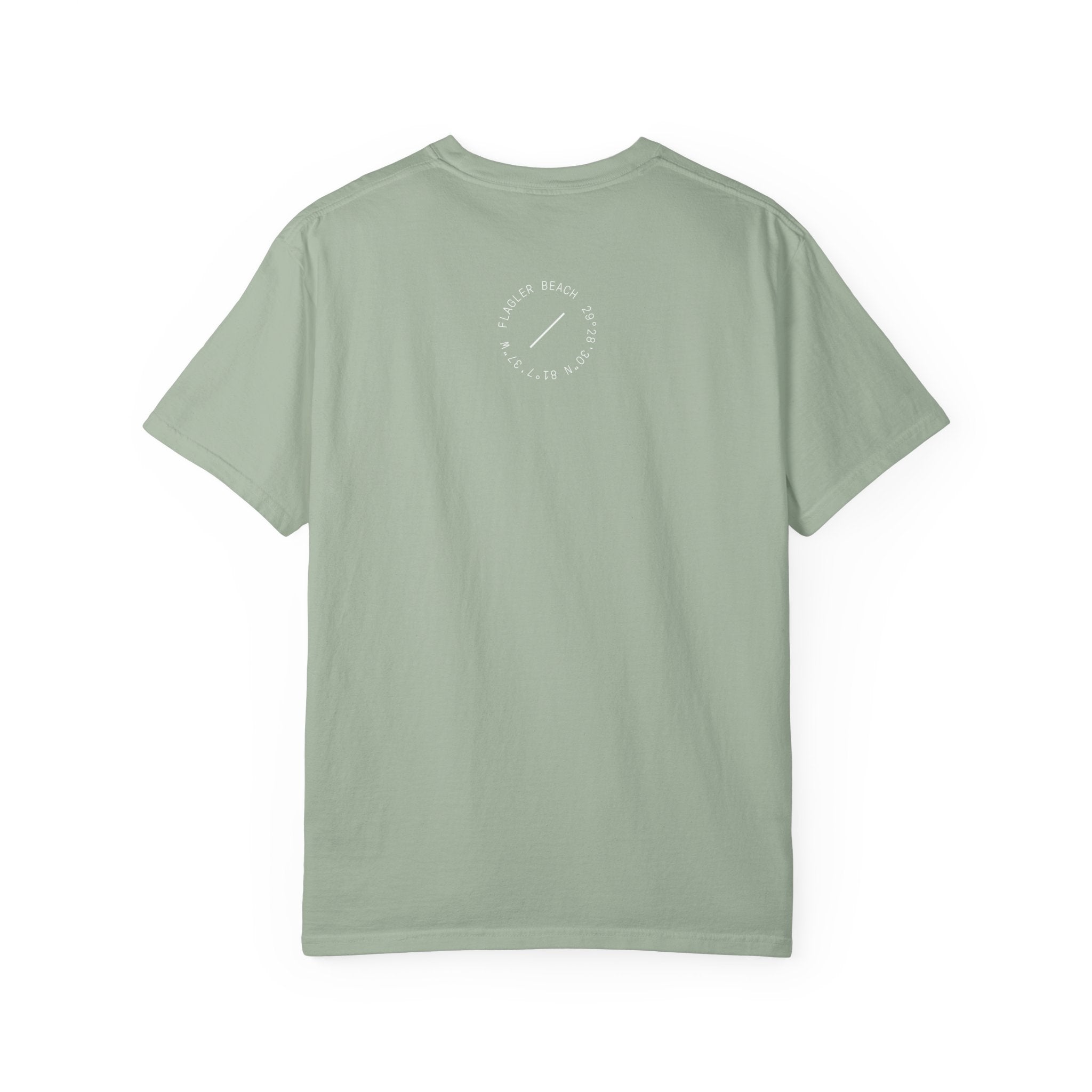 Light green t-shirt with a small logo on the back against a white background