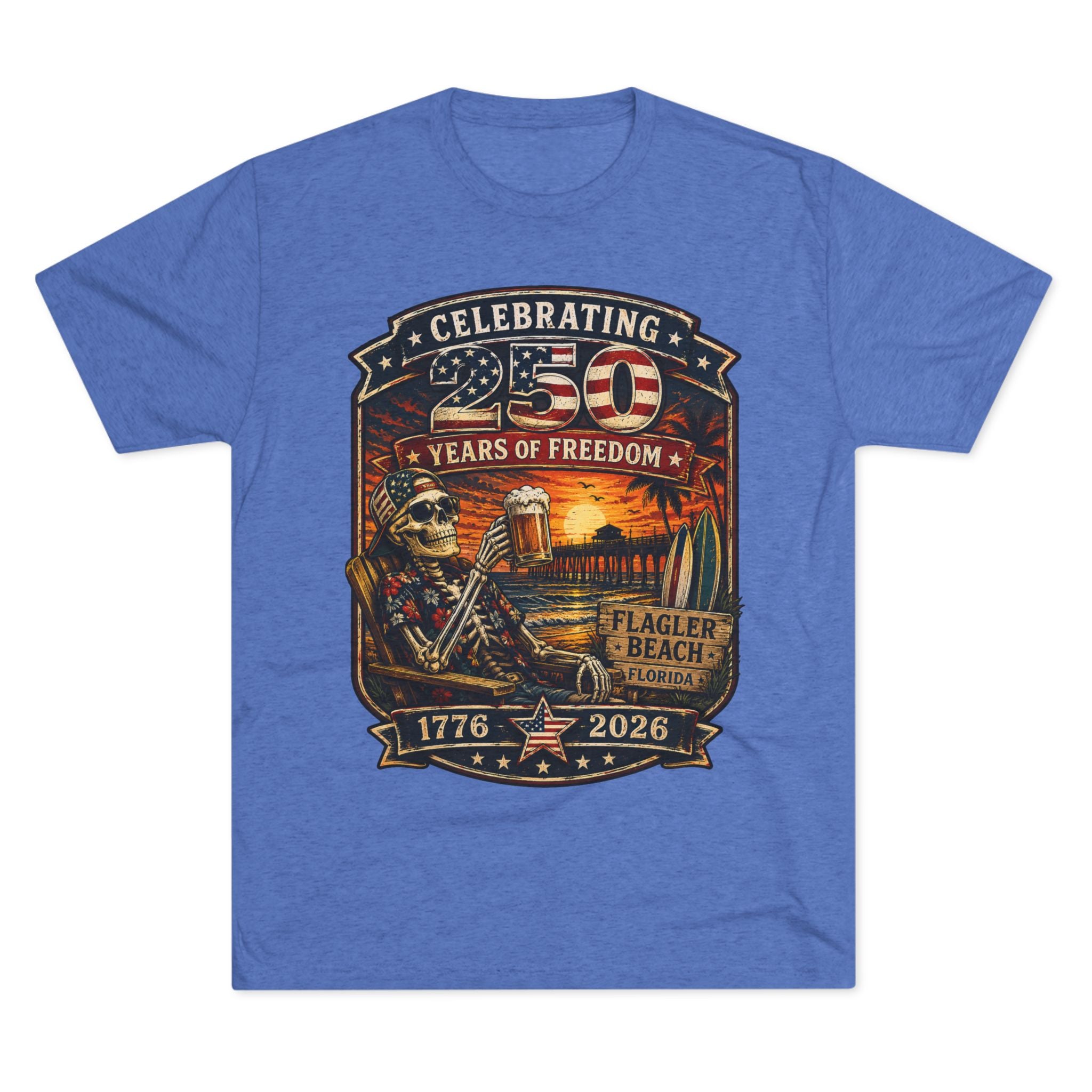 Flagler Beach 4th of July T-Shirt — America 250th Anniversary Skull & Surf Vintage Tee
