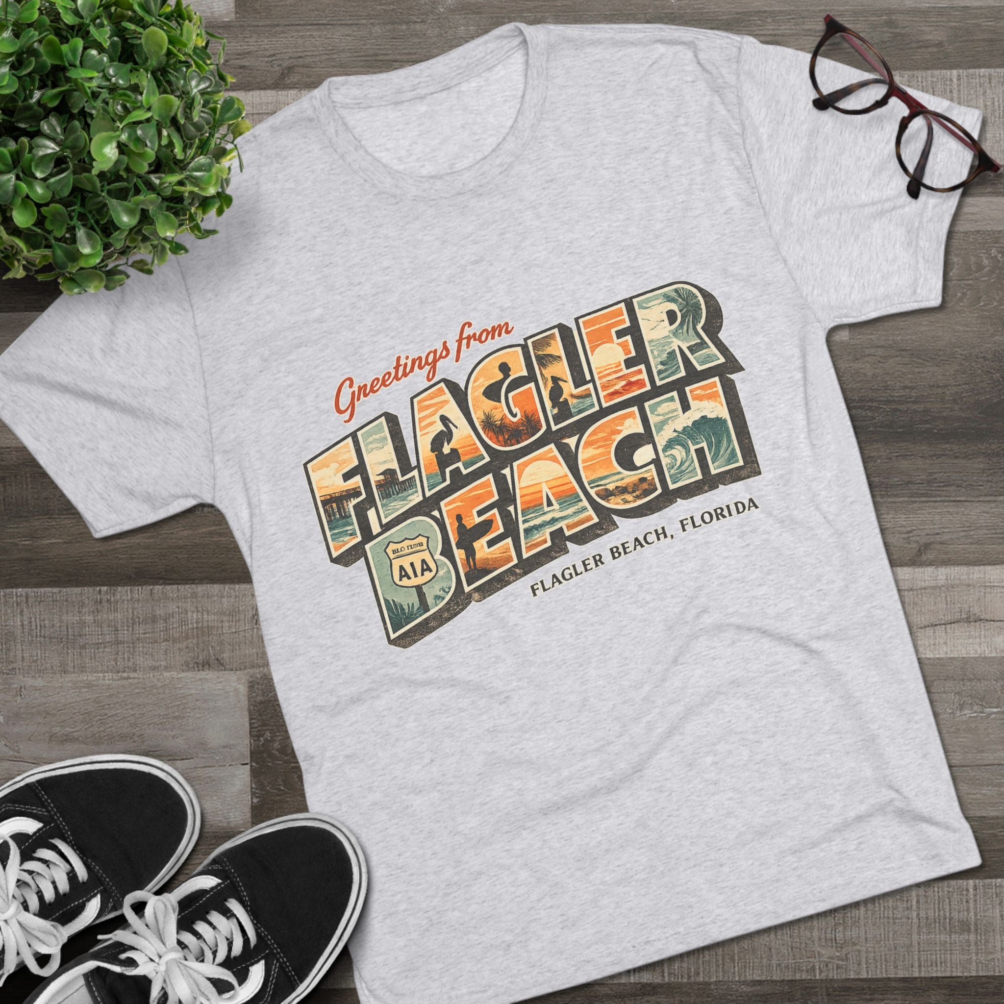 Flagler Beach Retro Postcard Tee — "Greetings From Flagler Beach" Souvenir Shirt