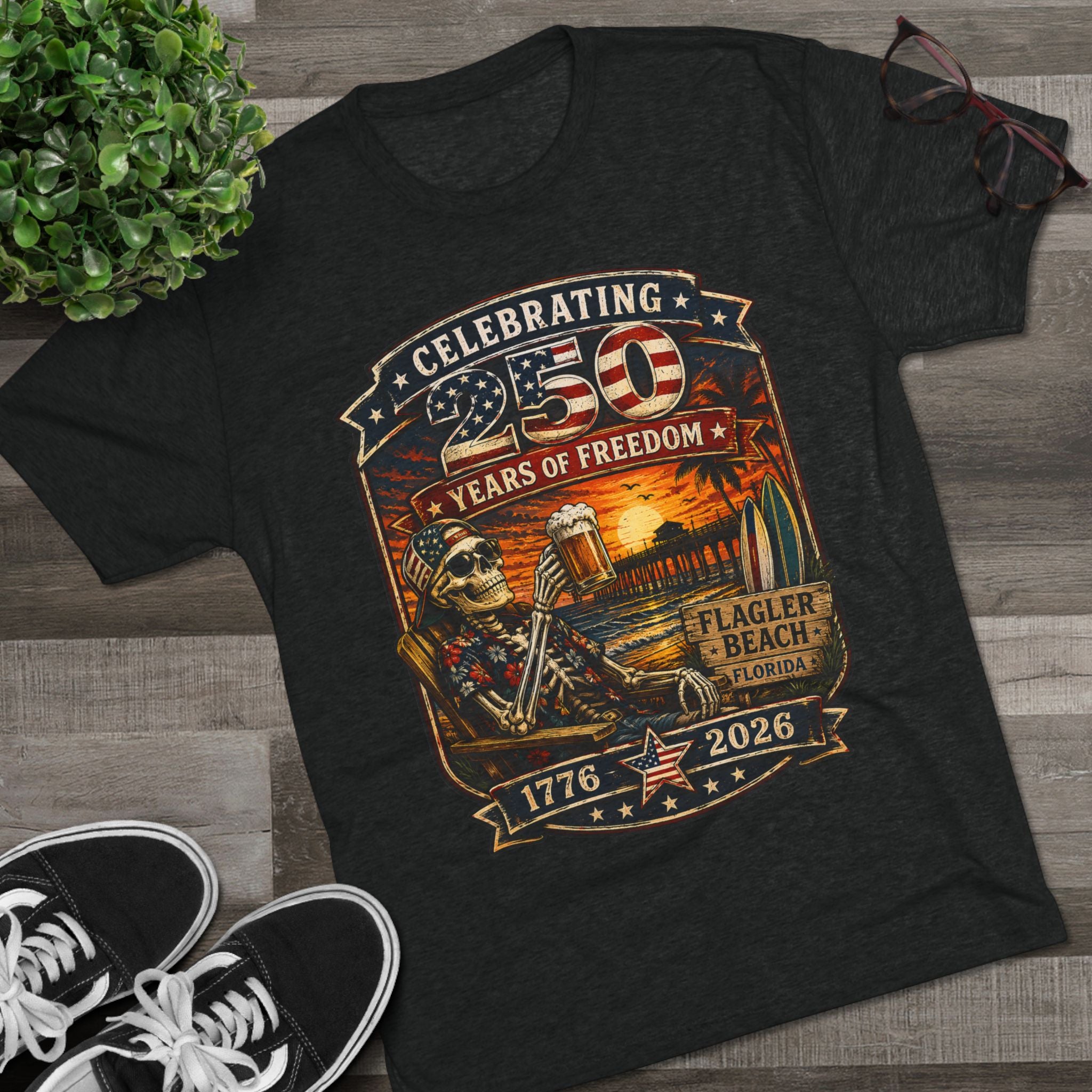 Flagler Beach 4th of July T-Shirt — America 250th Anniversary Skull & Surf Vintage Tee
