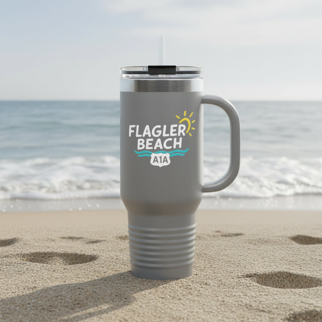 Gray travel mug with 'Flagler Beach A1A' text and logo on a white background