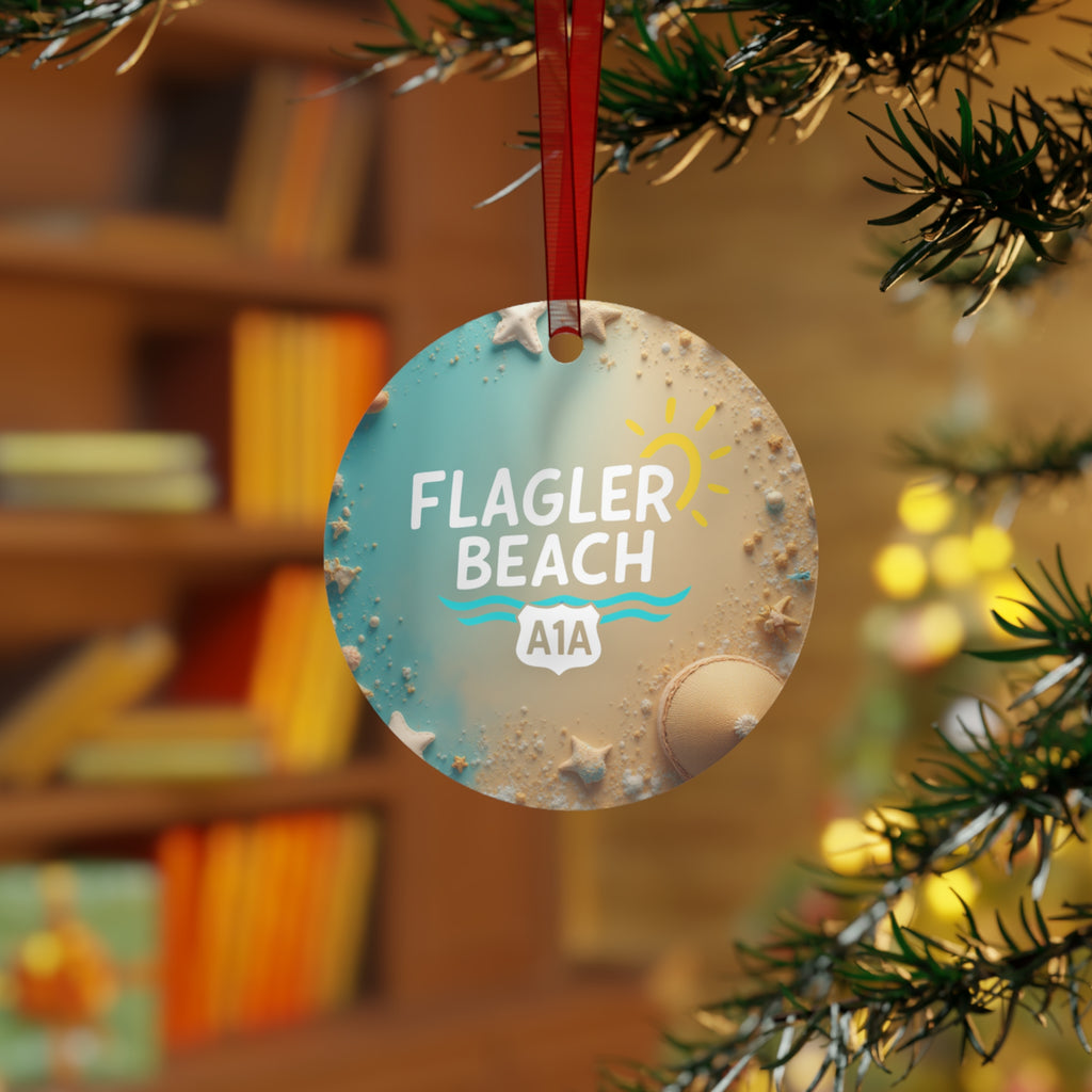 Flagler Beach A1A Metal Ornament — Beachy Sun & Seashell Holiday Decoration