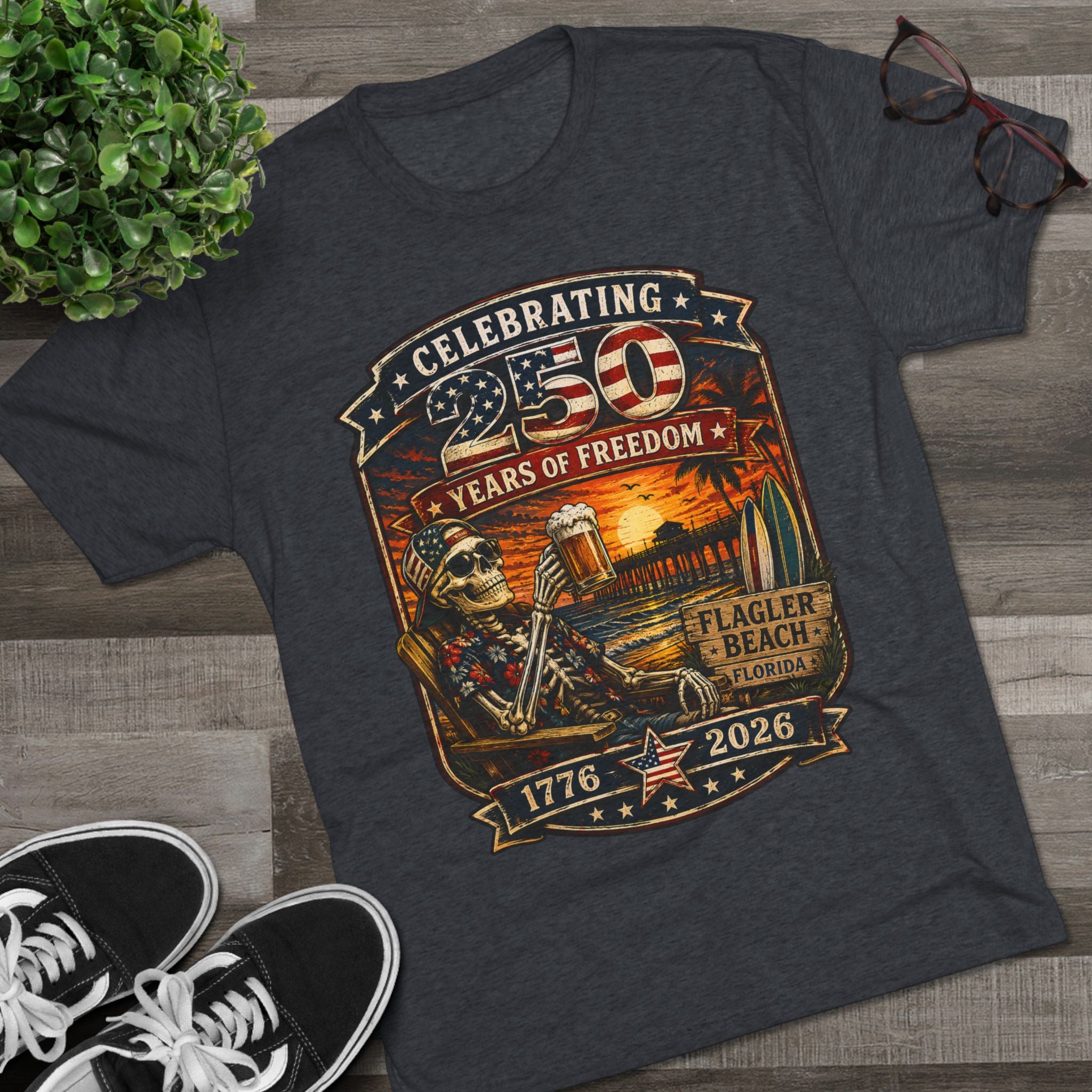 Flagler Beach 4th of July T-Shirt — America 250th Anniversary Skull & Surf Vintage Tee