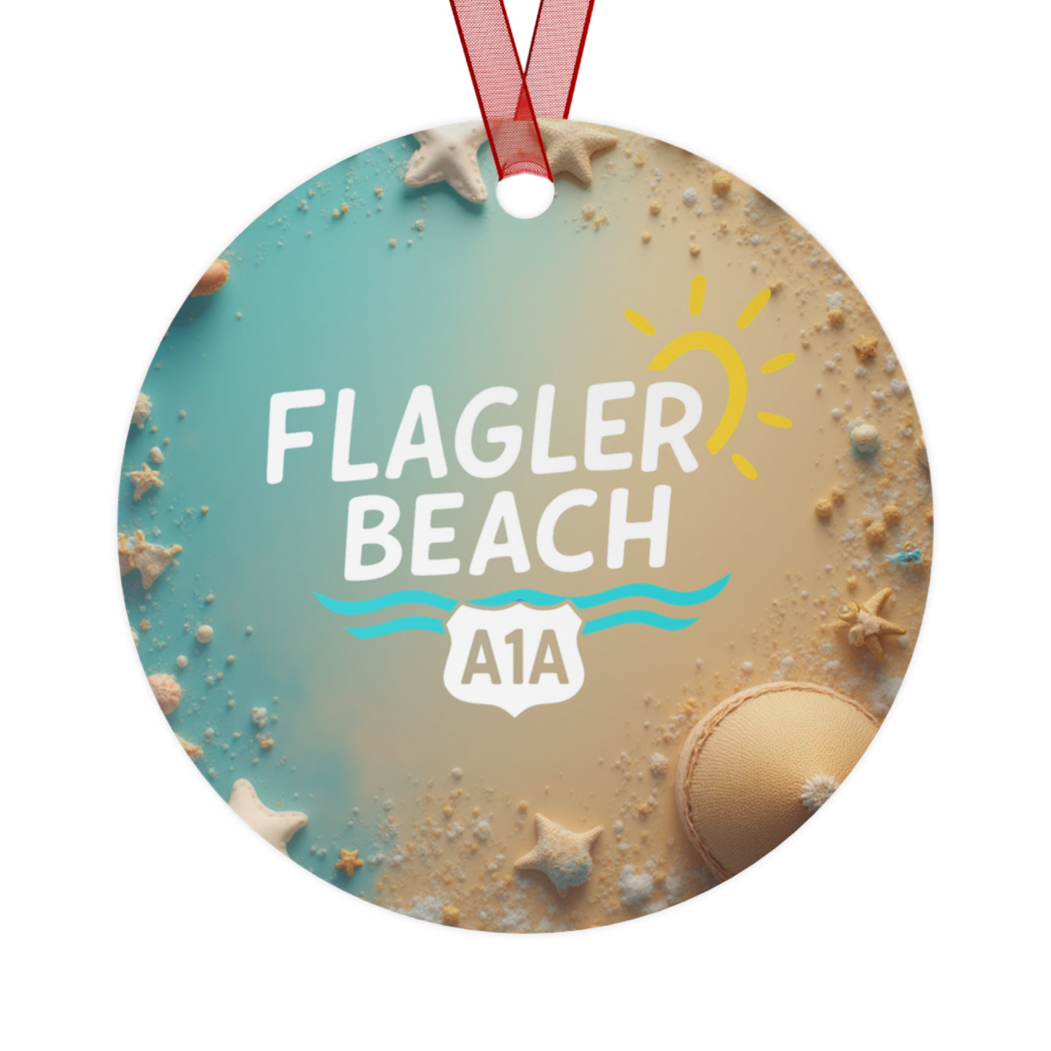 Flagler Beach A1A Metal Ornament — Beachy Sun & Seashell Holiday Decoration