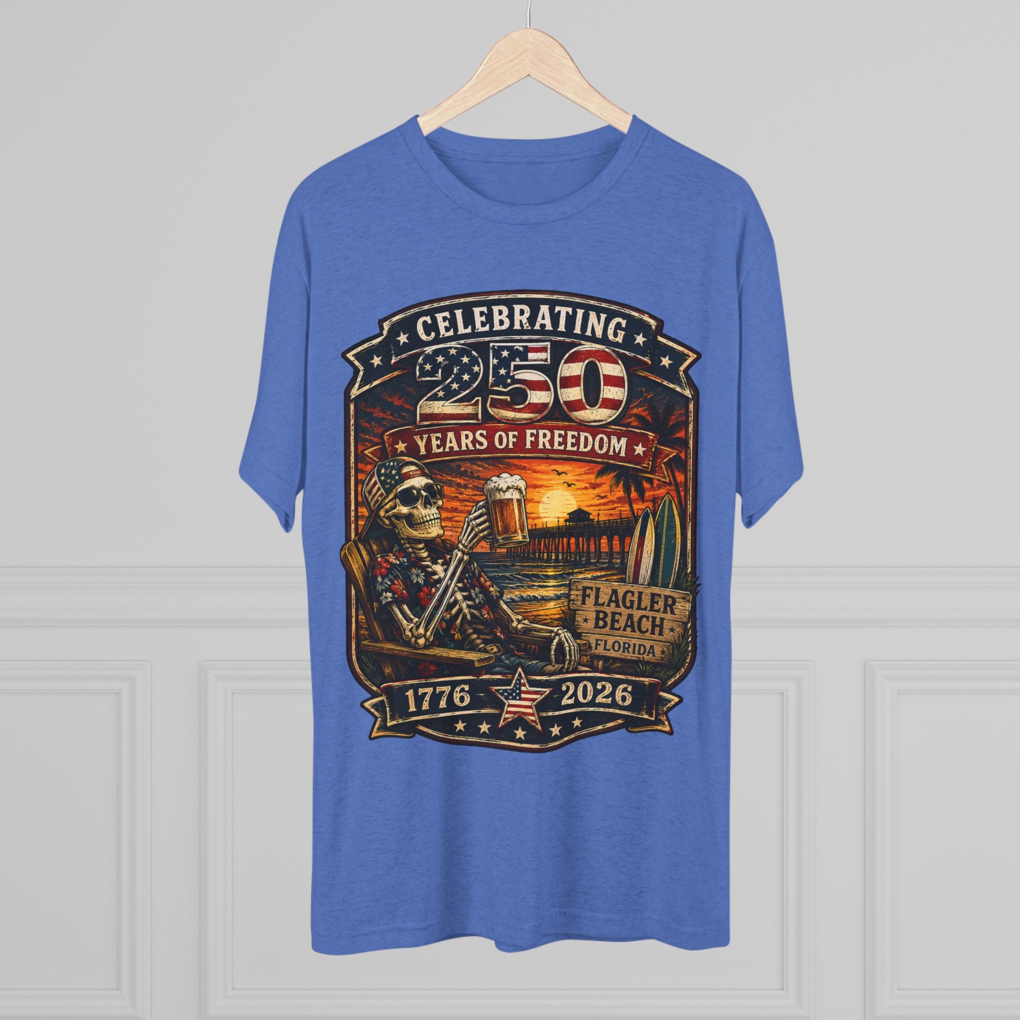 Flagler Beach 4th of July T-Shirt — America 250th Anniversary Skull & Surf Vintage Tee
