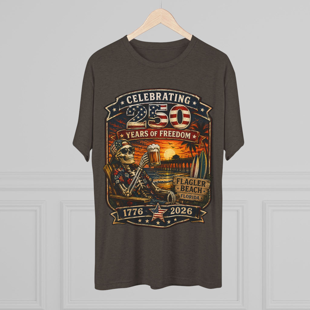 Flagler Beach 4th of July T-Shirt — America 250th Anniversary Skull & Surf Vintage Tee