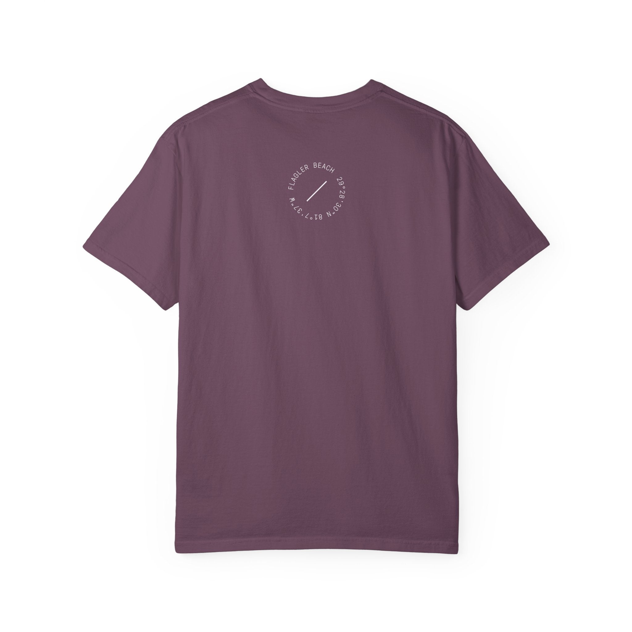 Purple t-shirt with a logo on the back against a white background
