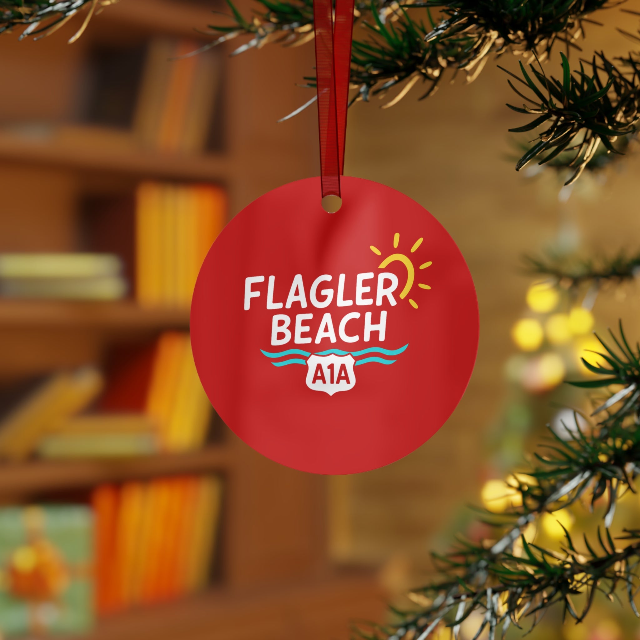 Flagler Beach A1A Metal Ornament — Coastal Souvenir Holiday Decoration
