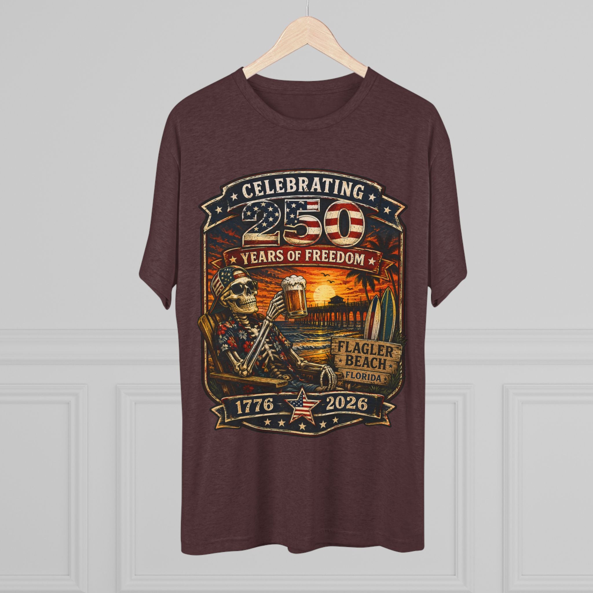 Flagler Beach 4th of July T-Shirt — America 250th Anniversary Skull & Surf Vintage Tee