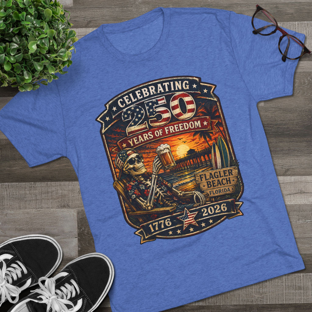 Flagler Beach 4th of July T-Shirt — America 250th Anniversary Skull & Surf Vintage Tee