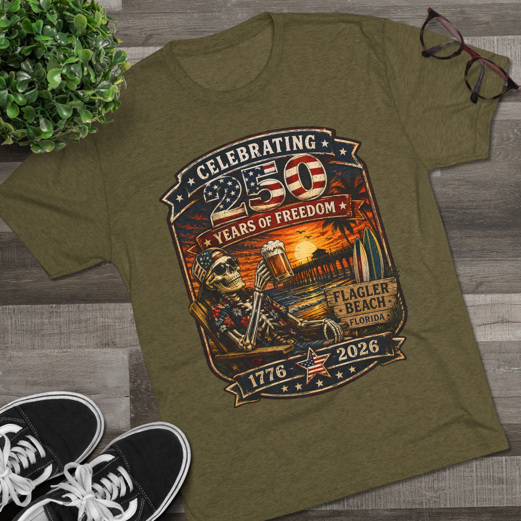 Flagler Beach 4th of July T-Shirt — America 250th Anniversary Skull & Surf Vintage Tee