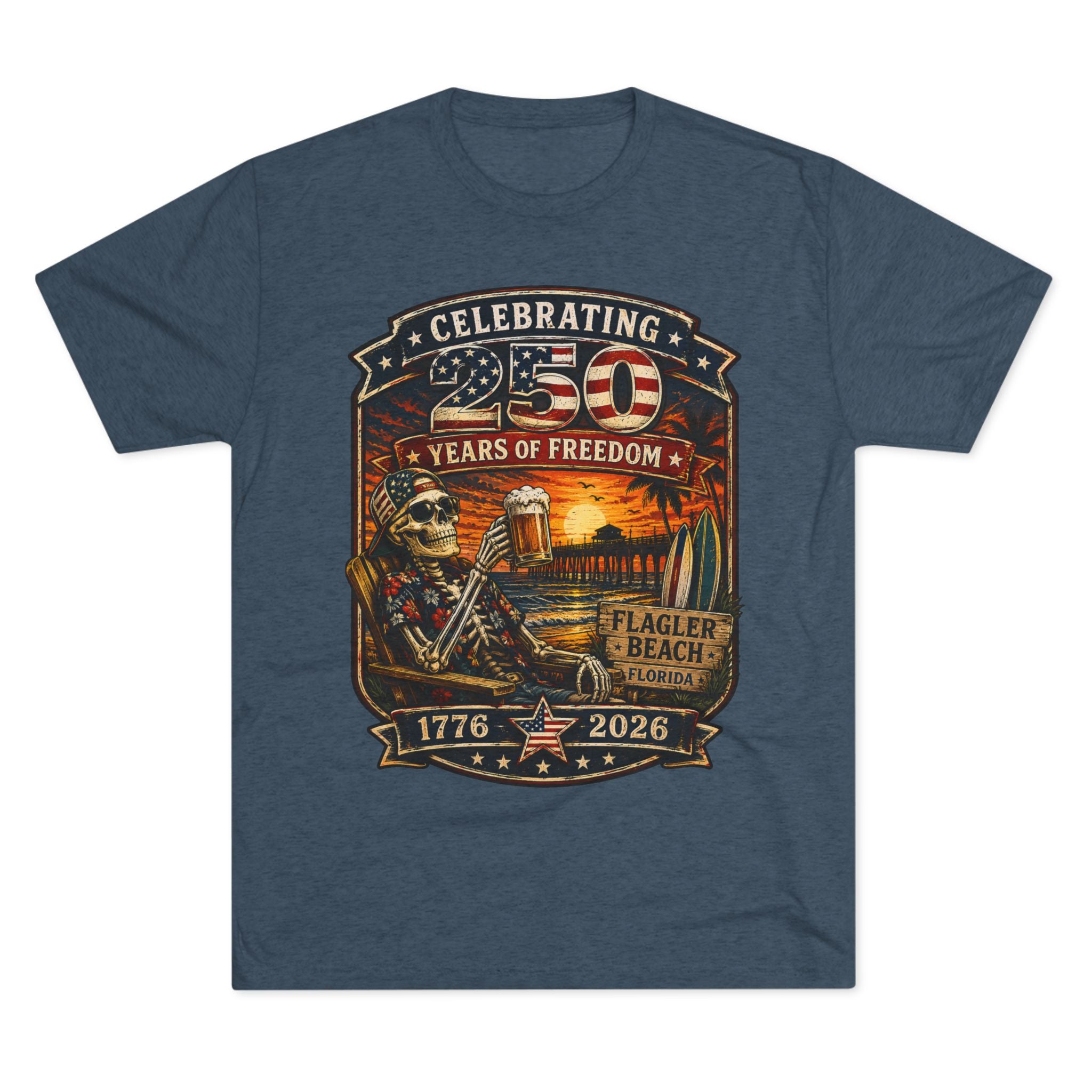 Flagler Beach 4th of July T-Shirt — America 250th Anniversary Skull & Surf Vintage Tee