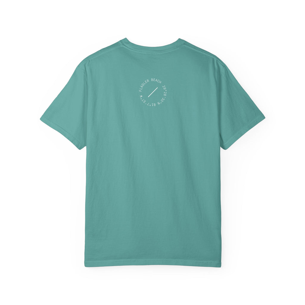 Teal t-shirt with a small logo on the back against a white background