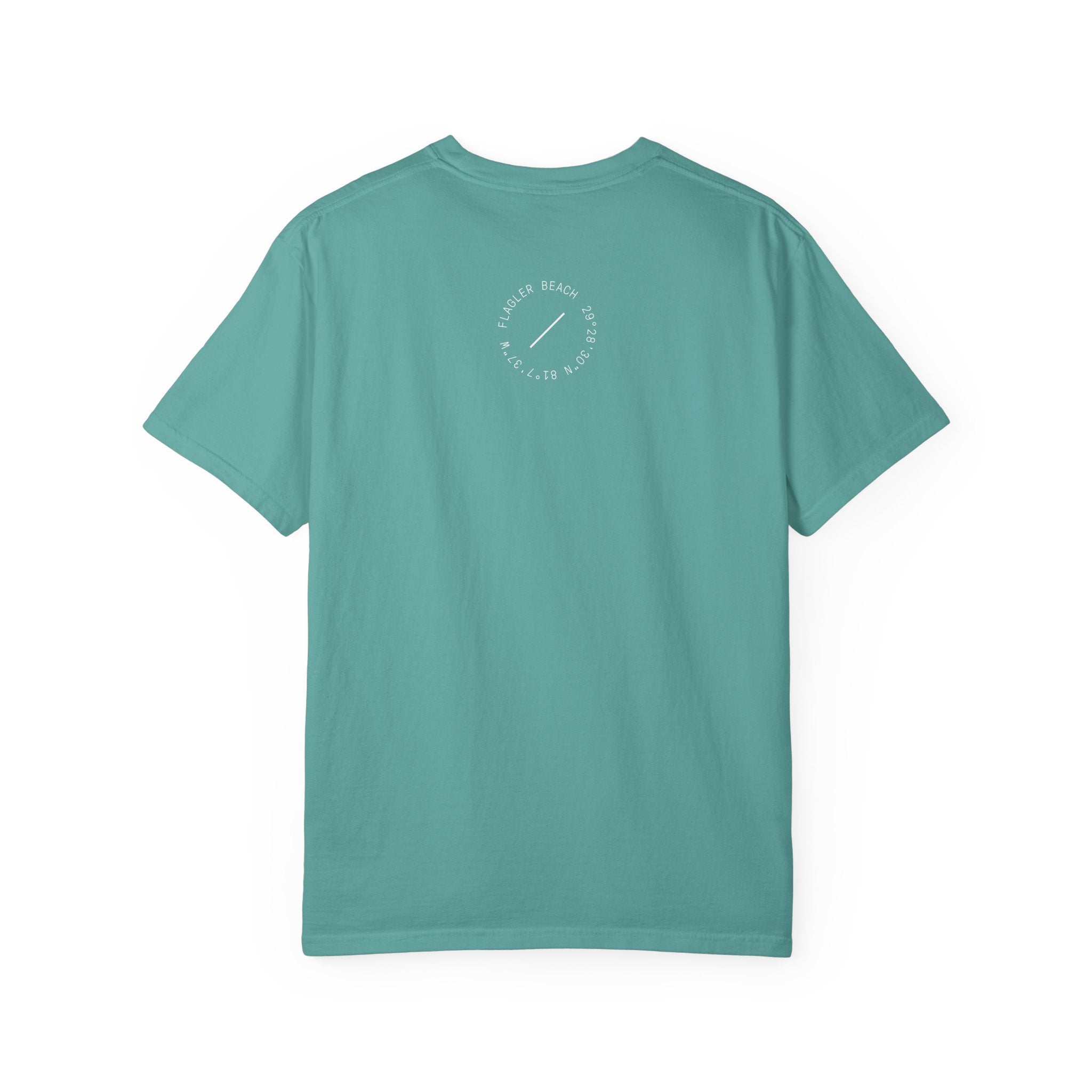 Teal t-shirt with a small logo on the back against a white background