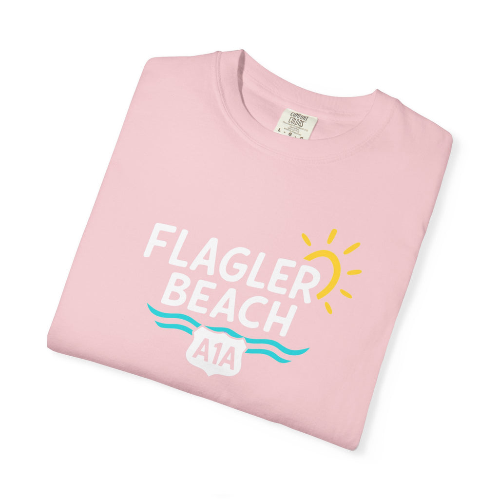 Pink t-shirt with 'Flagler Beach A1A' design on a white background