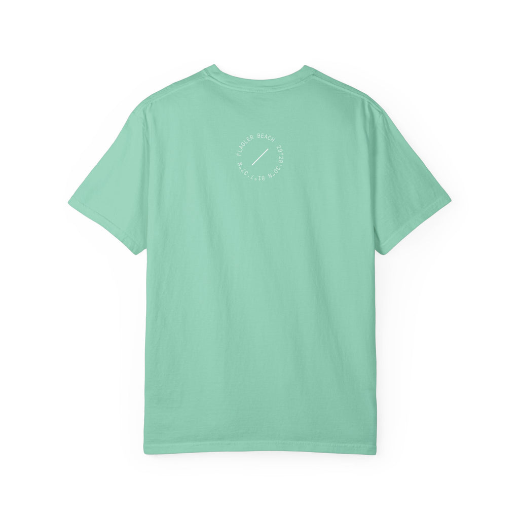 Mint green t-shirt with a small logo on the back against a white background