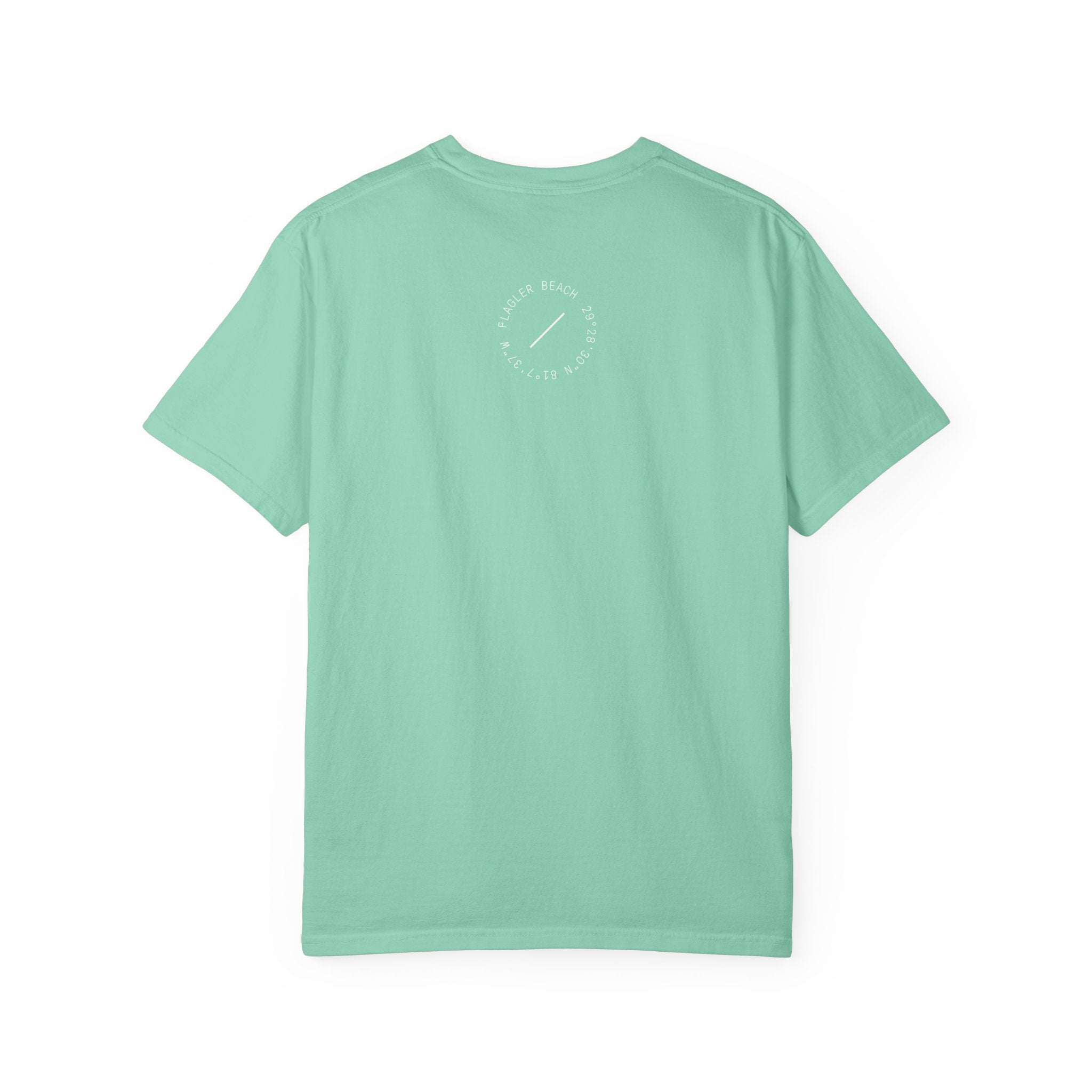 Mint green t-shirt with a small logo on the back against a white background