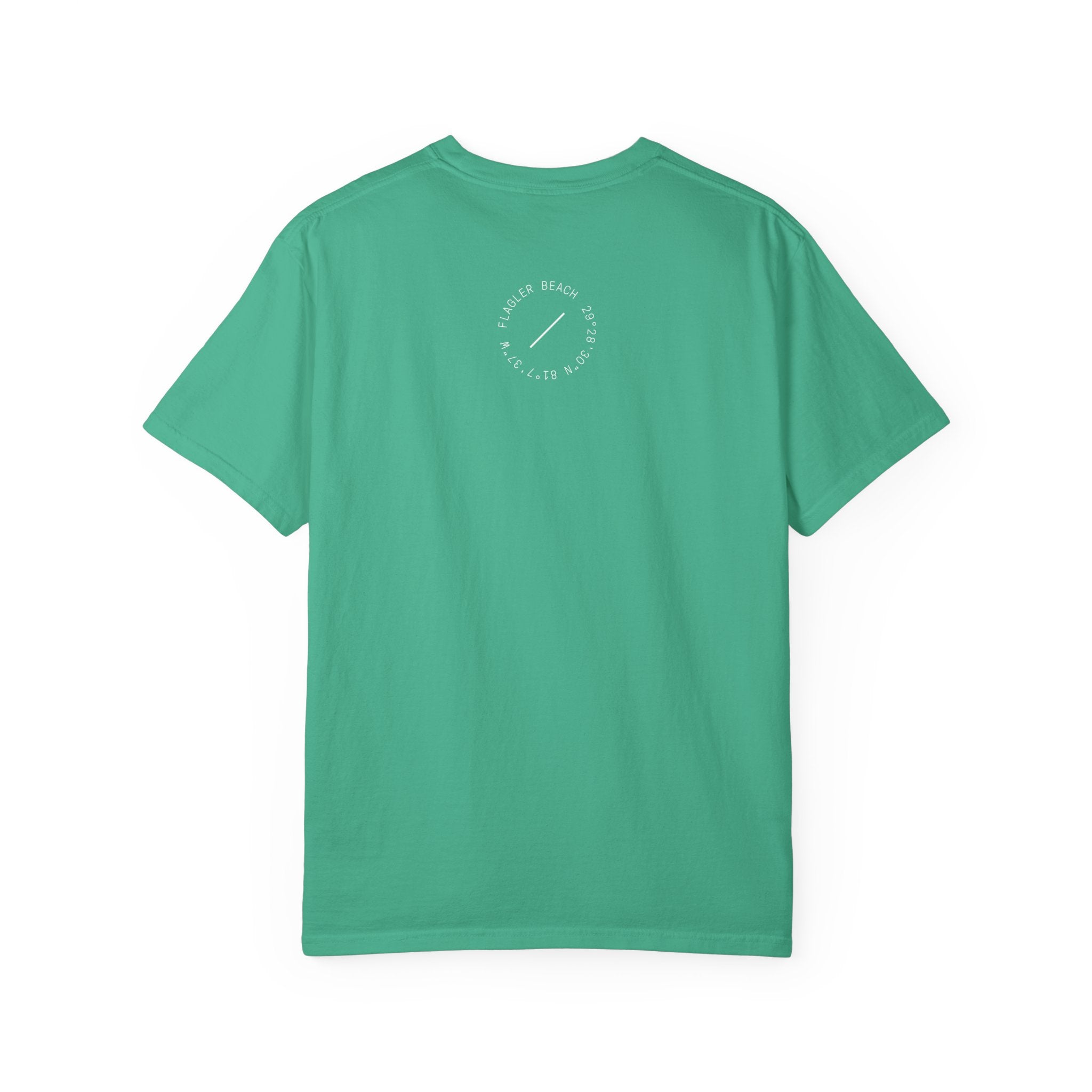 Green t-shirt with a small logo on the back against a white background