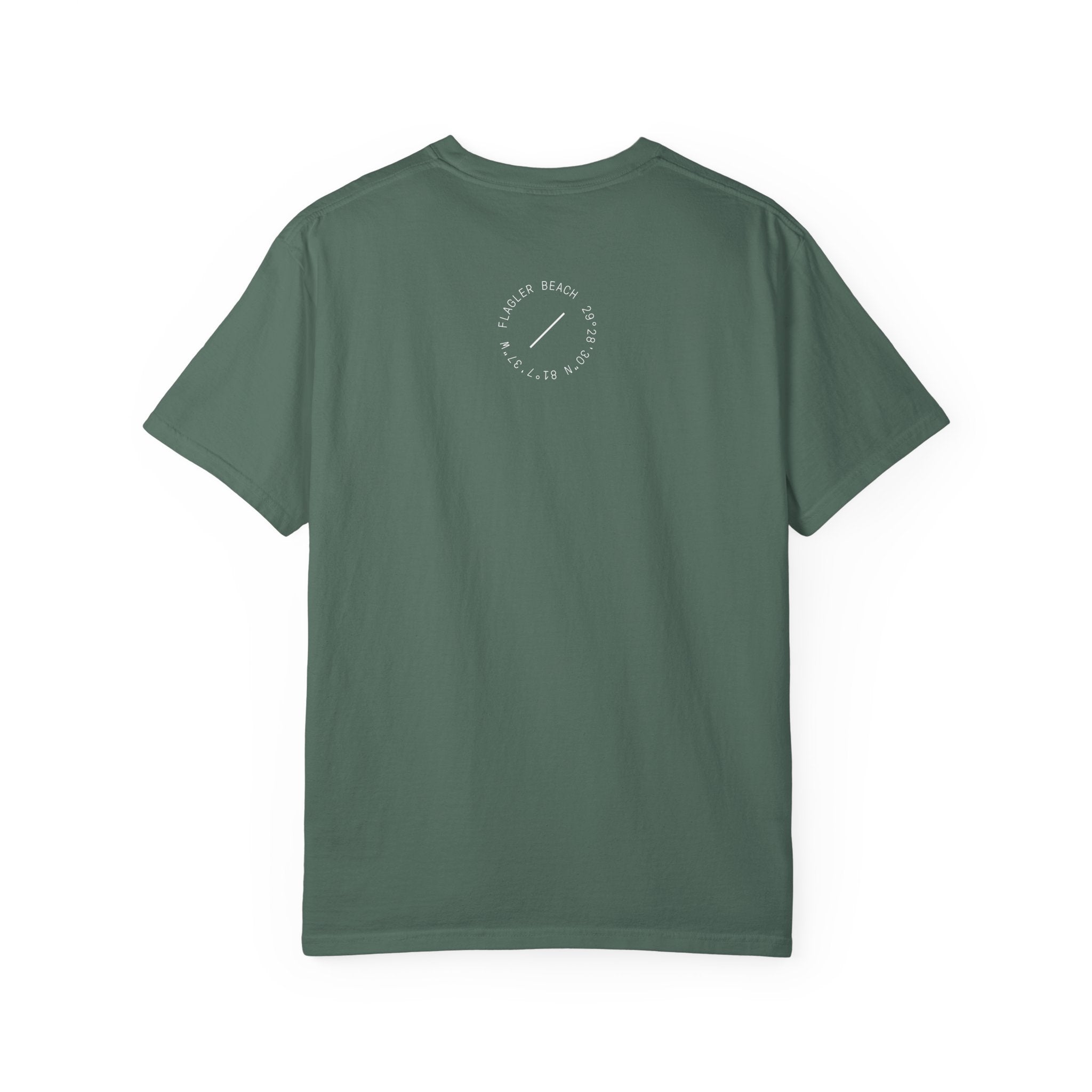 Green t-shirt with a small logo on the back against a white background