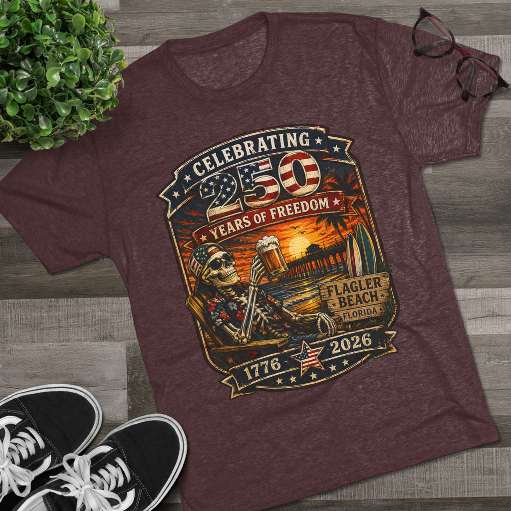 Flagler Beach 4th of July T-Shirt — America 250th Anniversary Skull & Surf Vintage Tee